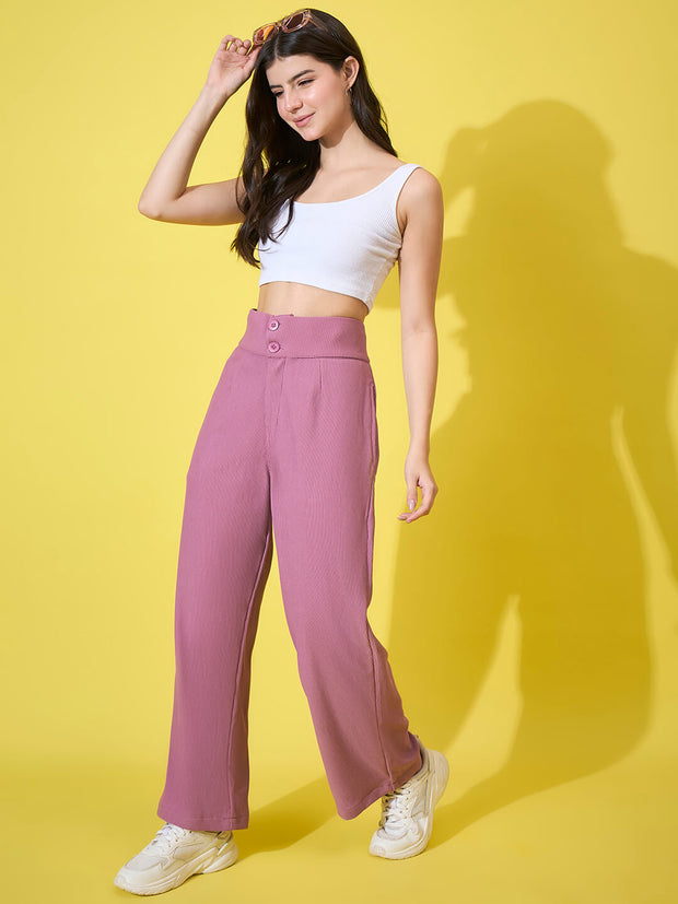 Cotton Ribbed Non-Stretchable Women’s Trouser Pant with High Waist-3593-3593