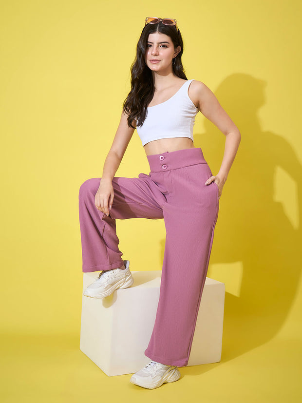 Cotton Ribbed Non-Stretchable Women’s Trouser Pant with High Waist-3593-3593