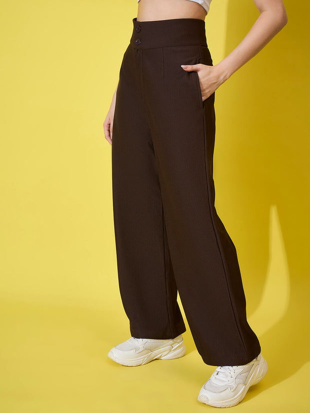 Cotton Ribbed Non-Stretchable Women’s Trouser Pant with High Waist-3593-3593