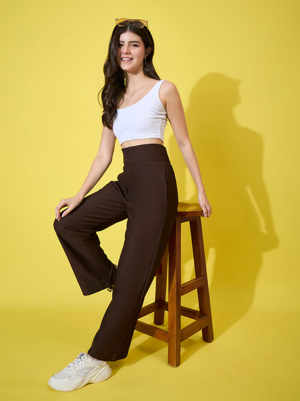 Cotton Ribbed Non-Stretchable Women’s Trouser Pant with High Waist-3593-3593