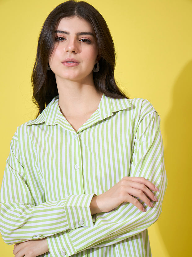 Women’s Striped Cotton Oversized Long Sleeve Button-Down Shirt-3573-3590