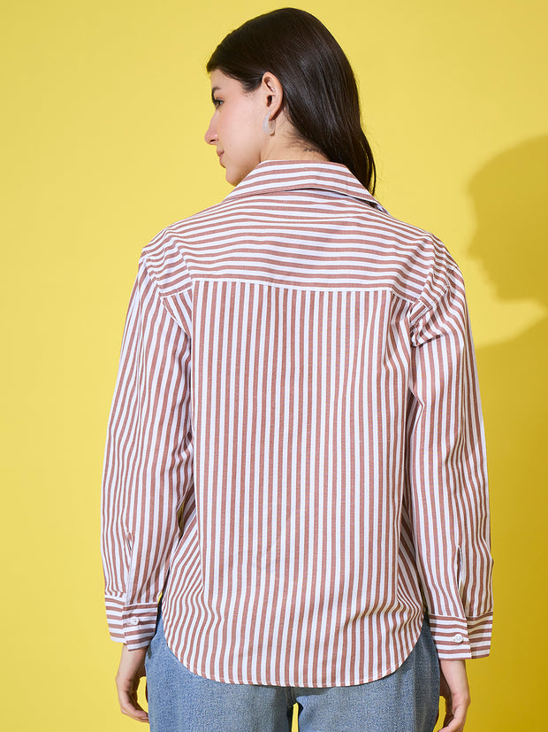 Women’s Striped Cotton Oversized Long Sleeve Button-Down Shirt-3573-3590