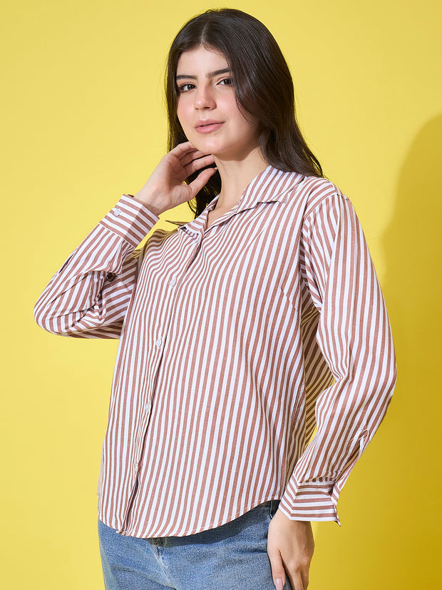 Women’s Striped Cotton Oversized Long Sleeve Button-Down Shirt-3573-3590