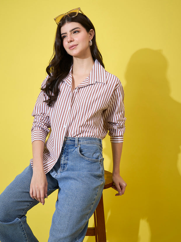 Women’s Striped Cotton Oversized Long Sleeve Button-Down Shirt-3573-3590