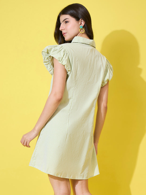 Striped Women A-Line Cotton Collar Dress with Button Front and Ruffle Sleeves-3587-3587