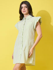 Striped Women A-Line Cotton Collar Dress with Button Front and Ruffle Sleeves-3587-3587