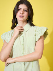 Striped Women A-Line Cotton Collar Dress with Button Front and Ruffle Sleeves-3587-3587