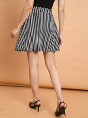 Women Flared Cotton Blend Houndstooth Print Mini Skirt-3595