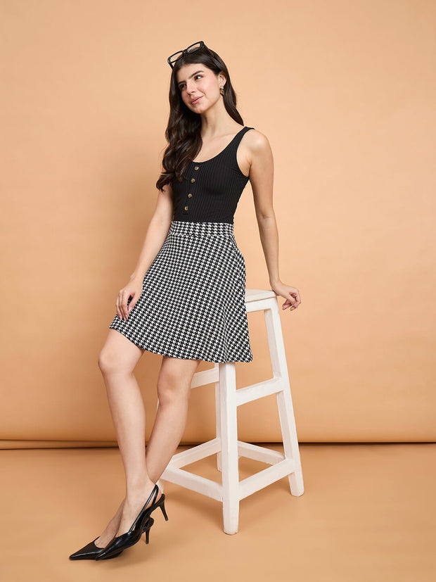 Women Flared Cotton Blend Houndstooth Print Mini Skirt-3595