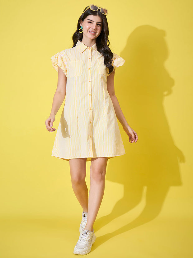 Striped Women A-Line Cotton Collar Dress with Button Front and Ruffle Sleeves-3587-3587