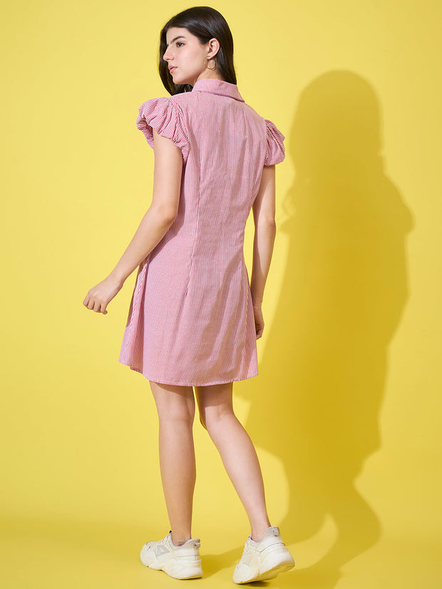 Striped Women A-Line Cotton Collar Dress with Button Front and Ruffle Sleeves-3587-3587