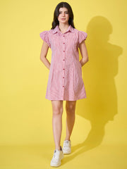 Striped Women A-Line Cotton Collar Dress with Button Front and Ruffle Sleeves-3587-3587