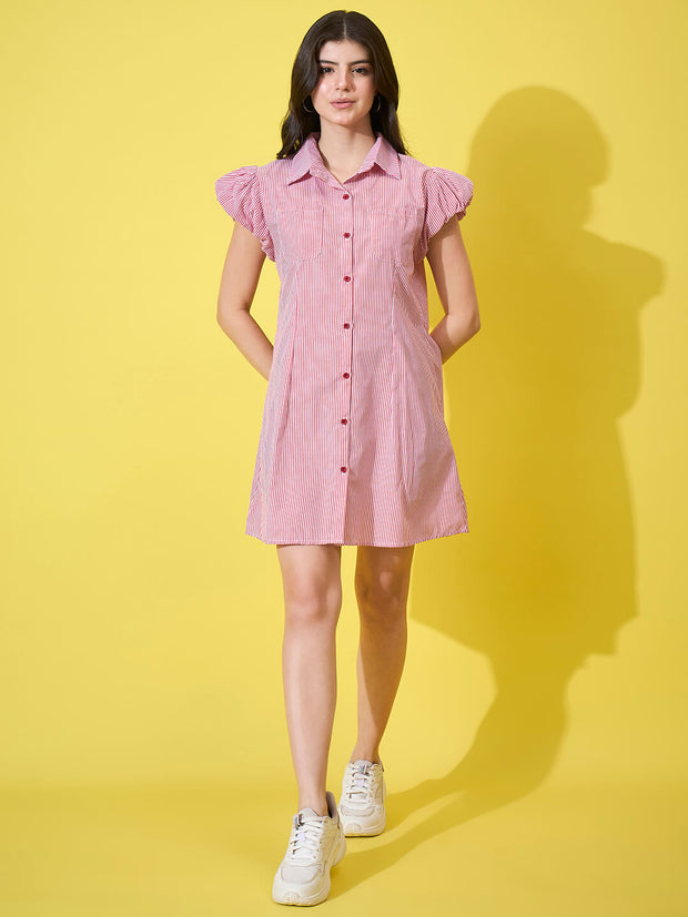 Striped Women A-Line Cotton Collar Dress with Button Front and Ruffle Sleeves-3587-3587