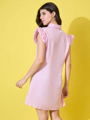 Striped Women A-Line Cotton Collar Dress with Button Front and Ruffle Sleeves-3587-3587