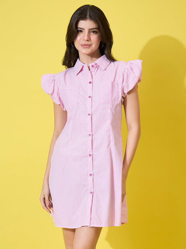 Striped Women A-Line Cotton Collar Dress with Button Front and Ruffle Sleeves-3587-3587