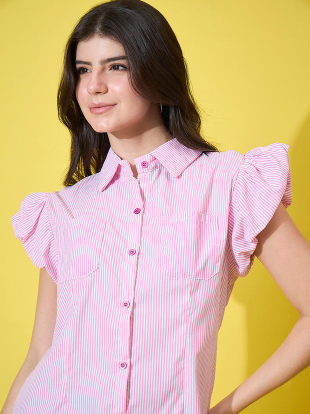 Striped Women A-Line Cotton Collar Dress with Button Front and Ruffle Sleeves-3587-3587