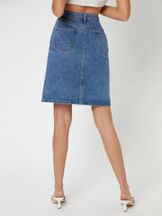 Solid Insert Pockets Above Knee Women Straight Denim Skirt-3270