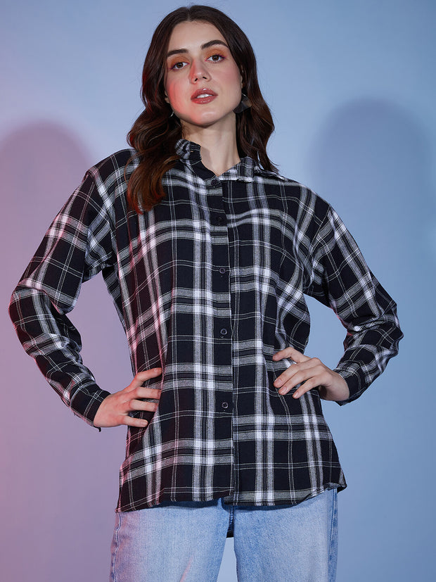 Cotton Oversized Casual Plaid Print Women Long Shirt-3290B