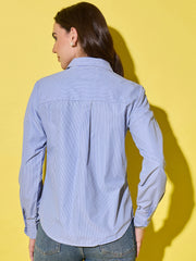 Classic Blue Casual & Office Wear Long Sleeve Style Striped Cotton Shirt for Women-3548