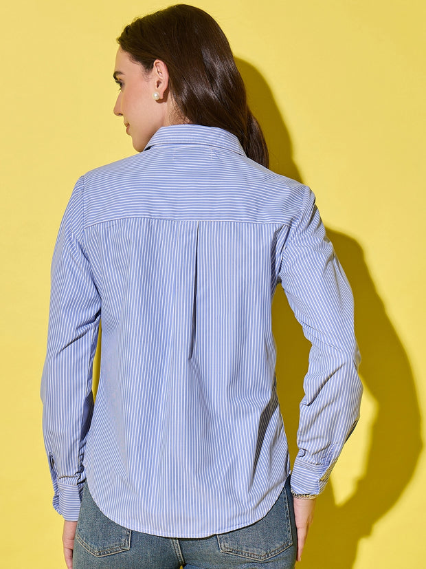Classic Blue Casual & Office Wear Long Sleeve Style Striped Cotton Shirt for Women-3548