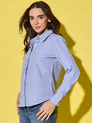 Classic Blue Casual & Office Wear Long Sleeve Style Striped Cotton Shirt for Women-3548