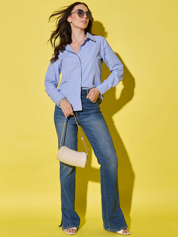 Classic Blue Casual & Office Wear Long Sleeve Style Striped Cotton Shirt for Women-3548