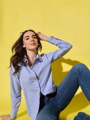 Classic Blue Casual & Office Wear Long Sleeve Style Striped Cotton Shirt for Women-3548