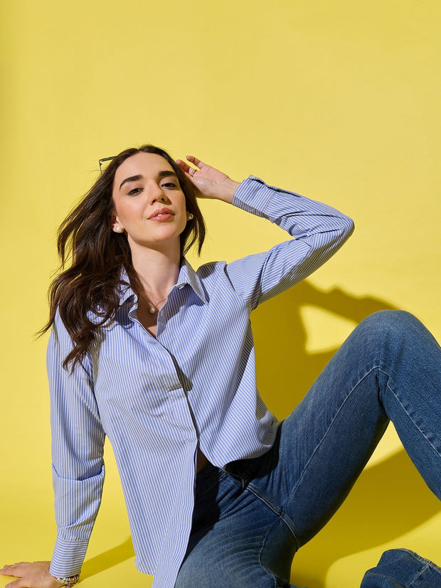 Classic Blue Casual & Office Wear Long Sleeve Style Striped Cotton Shirt for Women-3548