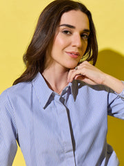 Classic Blue Casual & Office Wear Long Sleeve Style Striped Cotton Shirt for Women-3548