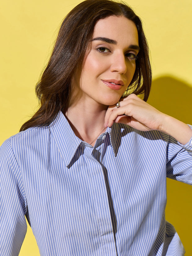 Classic Blue Casual & Office Wear Long Sleeve Style Striped Cotton Shirt for Women-3548