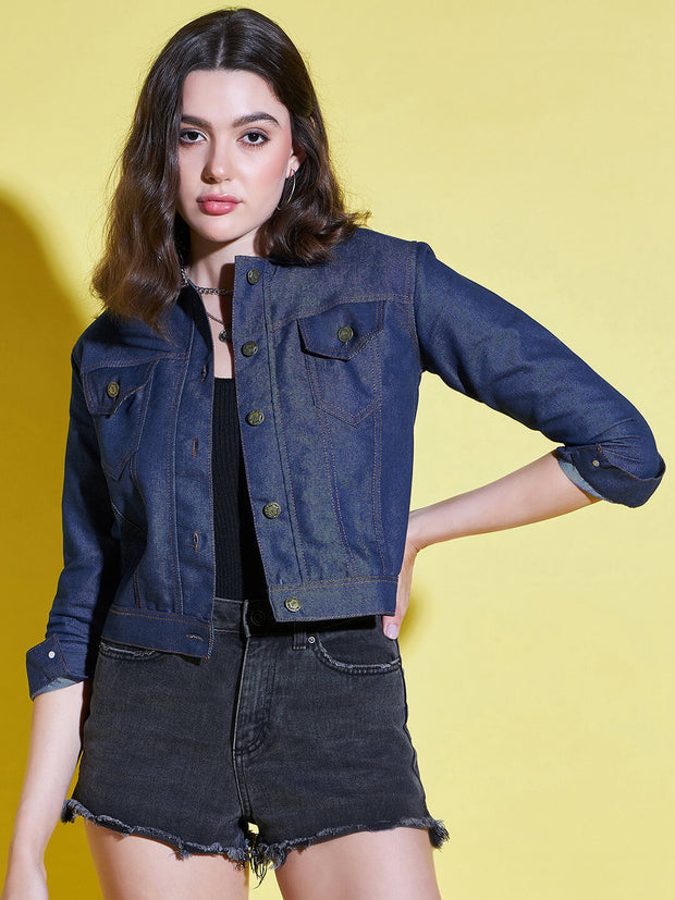 Buttoned Solid Regular Fit Women Denim Jacket-2612E-2612E