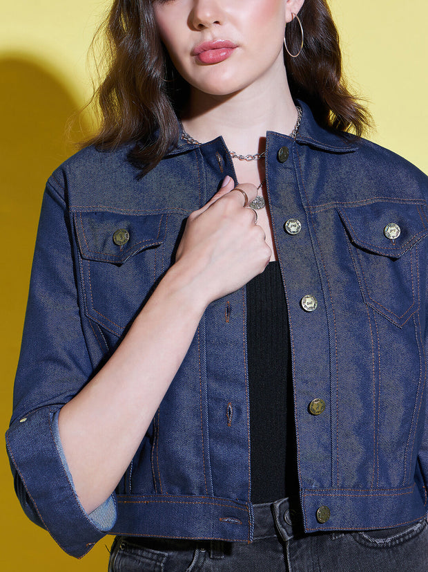 Buttoned Solid Regular Fit Women Denim Jacket-2612E-2612E