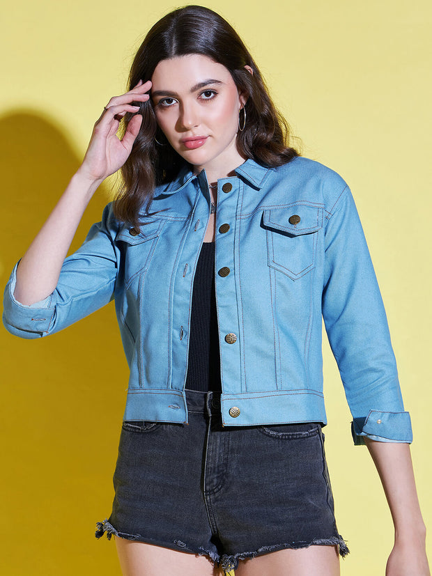 Buttoned Solid Regular Fit Women Denim Jacket-2612E-2612E