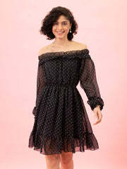 Black Georgette Off Shoulder Polka Dot Short Women Dress-2851OS