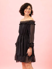 Black Georgette Off Shoulder Polka Dot Short Women Dress-2851OS