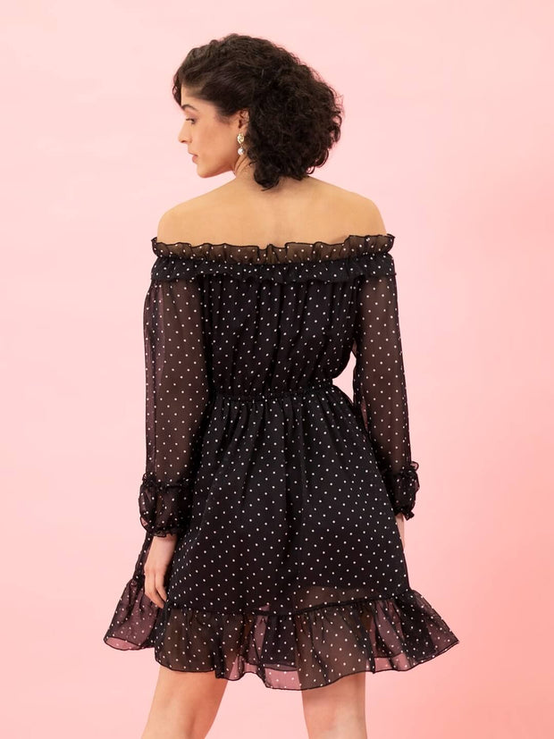 Black Georgette Off Shoulder Polka Dot Short Women Dress-2851OS