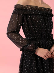 Black Georgette Off Shoulder Polka Dot Short Women Dress-2851OS