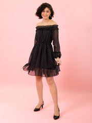 Black Georgette Off Shoulder Polka Dot Short Women Dress-2851OS