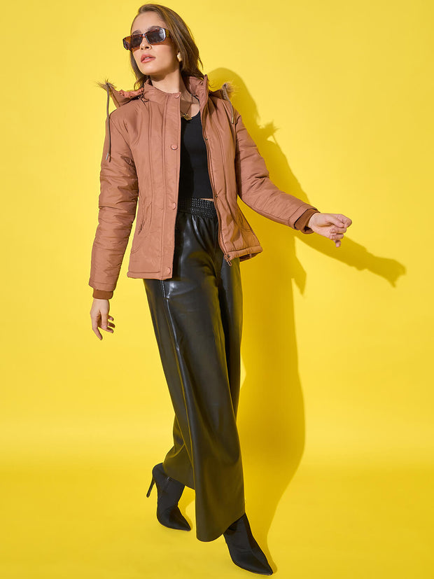 Women's Quilted Winter Jacket with Detachable Fur Hoodie-3488-3488
