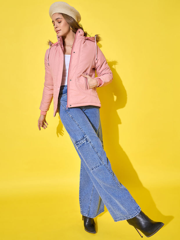 Women's Quilted Winter Jacket with Detachable Fur Hoodie-3488-3488