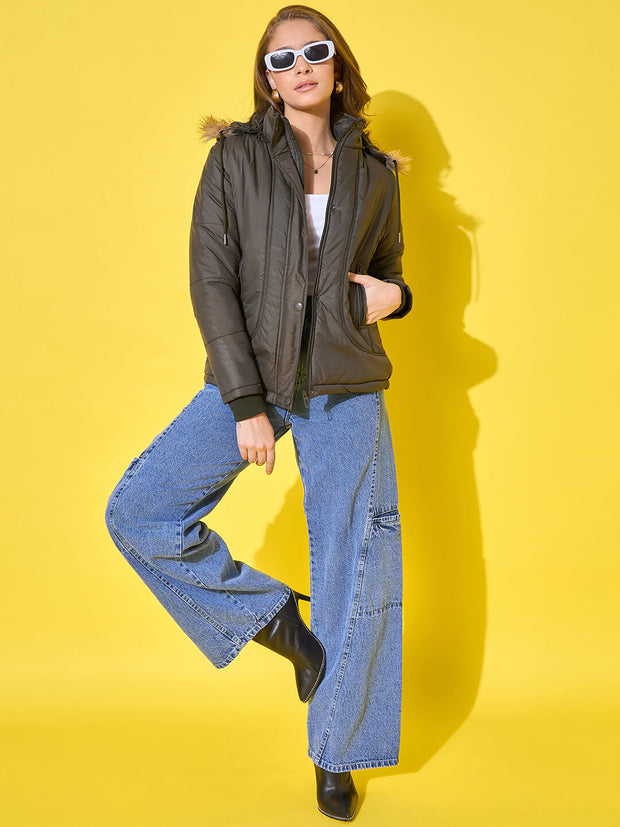 Women's Quilted Winter Jacket with Detachable Fur Hoodie-3488-3488
