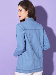 Buttoned Flap Pockets Women Long Denim Jacket-3293