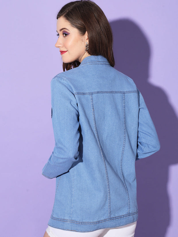 Buttoned Flap Pockets Women Long Denim Jacket-3294