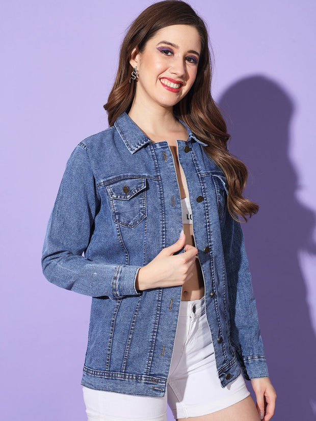 Buttoned Flap Pockets Women Long Denim Jacket-3295