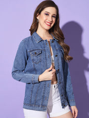 Buttoned Flap Pockets Women Long Denim Jacket-3294