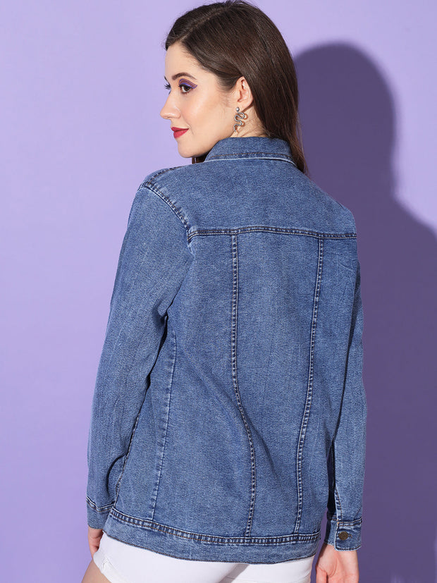 Buttoned Flap Pockets Women Long Denim Jacket-3295