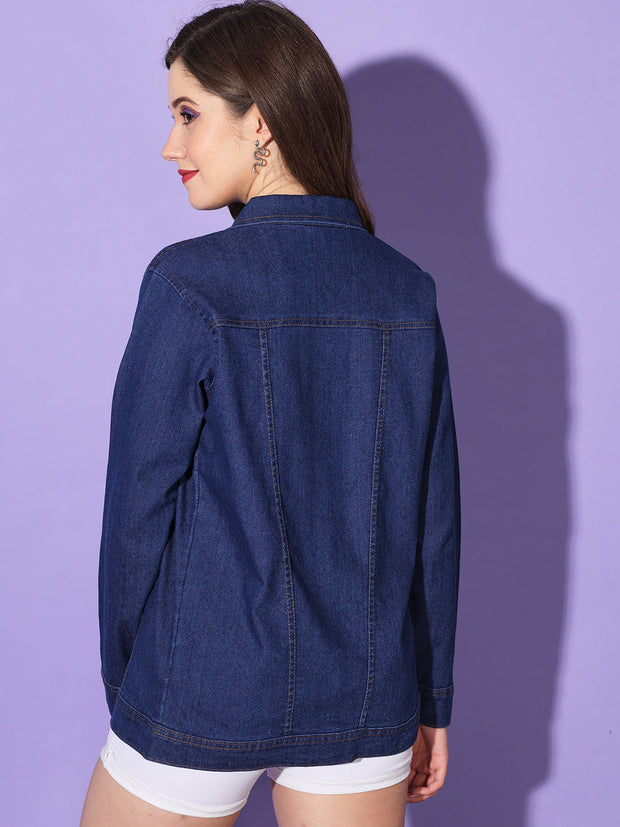 Buttoned Flap Pockets Women Long Denim Jacket-3294