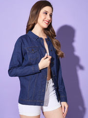 Buttoned Flap Pockets Women Long Denim Jacket-3294