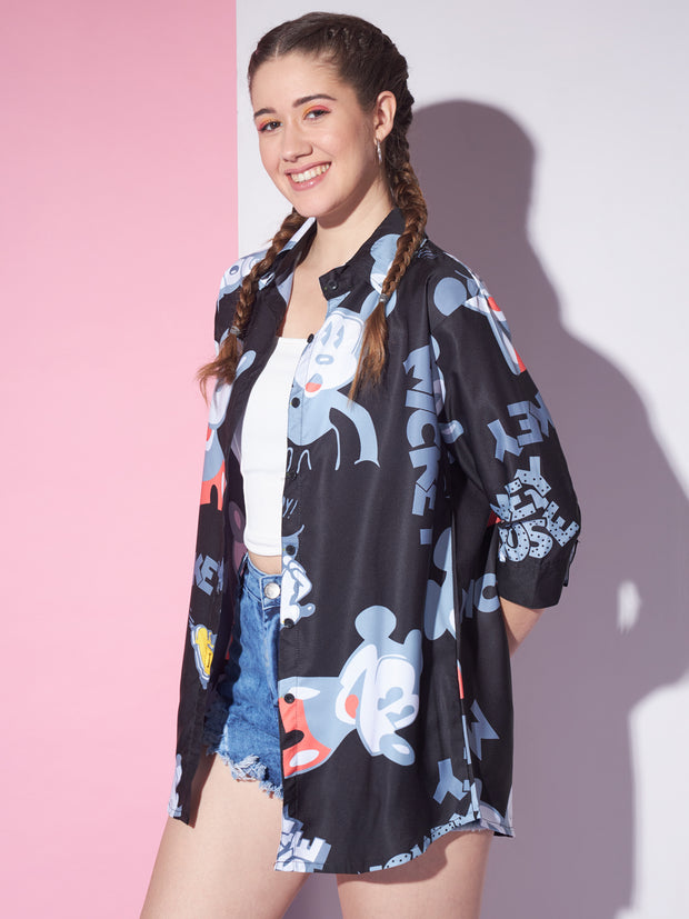Imported Crepe Cartoon Graphic Printed Relaxed Fit Women Long Shirt-3306