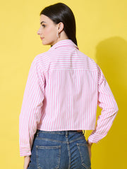 Striped Cotton Crop Shirt with Stylish Pocket for Women-3614-3615